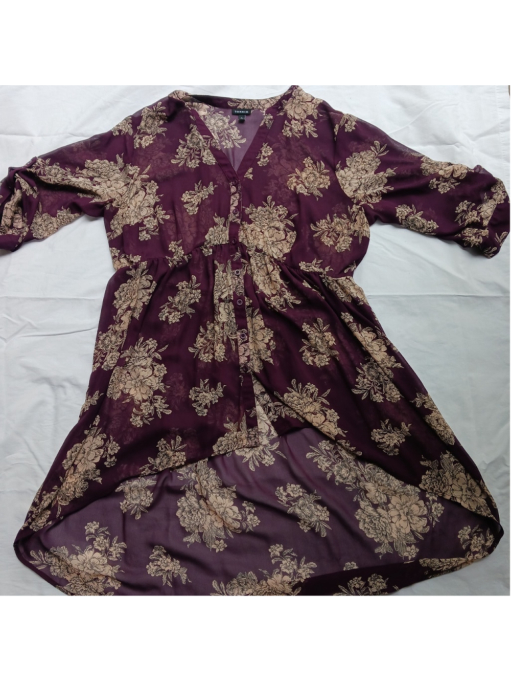 Torrid Top Womens 1X Burgundy Floral Button Up Hi-Low Tunic Sheer Blouse Flowy